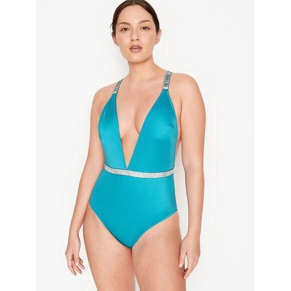 NWT Victoria's Secret S ONE-PIECE swimsuit monokini shine strap BLUE silver - Picture 3 of 3
